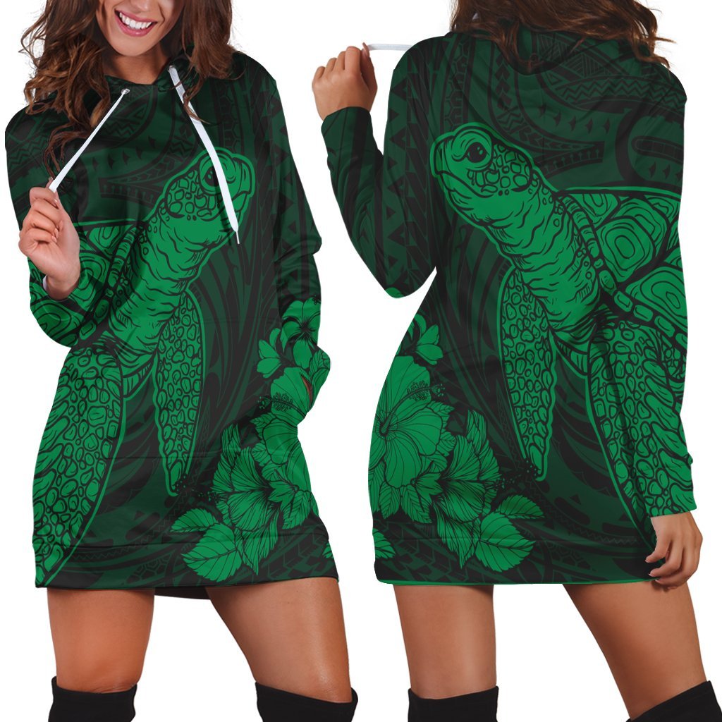 Hawaiian Hibiscus Memory Turtle Polynesian Hoodie Dress Green - AH Black - Polynesian Pride