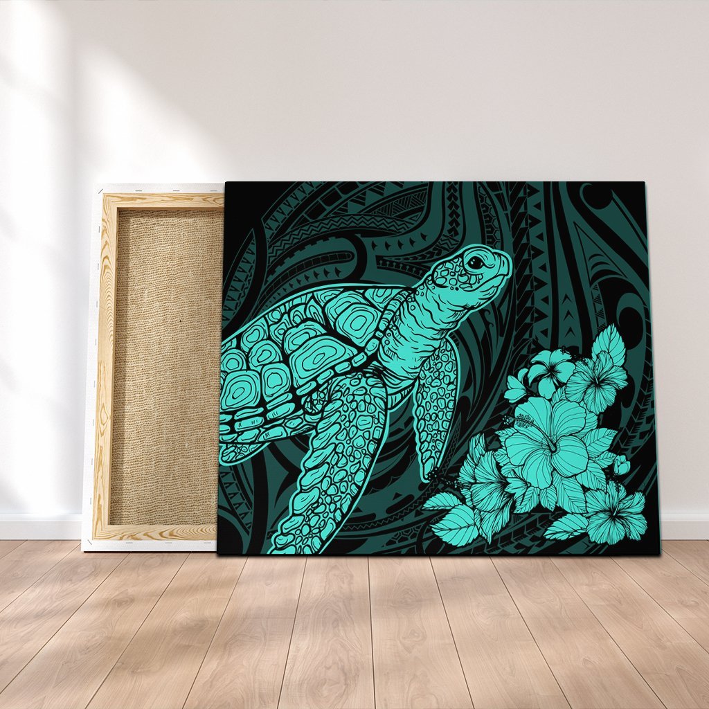 Hawaiian Hibiscus Memory Turtle Polynesian Canvas Turquoise - AH Canvas Poly-cotton - Polynesian Pride