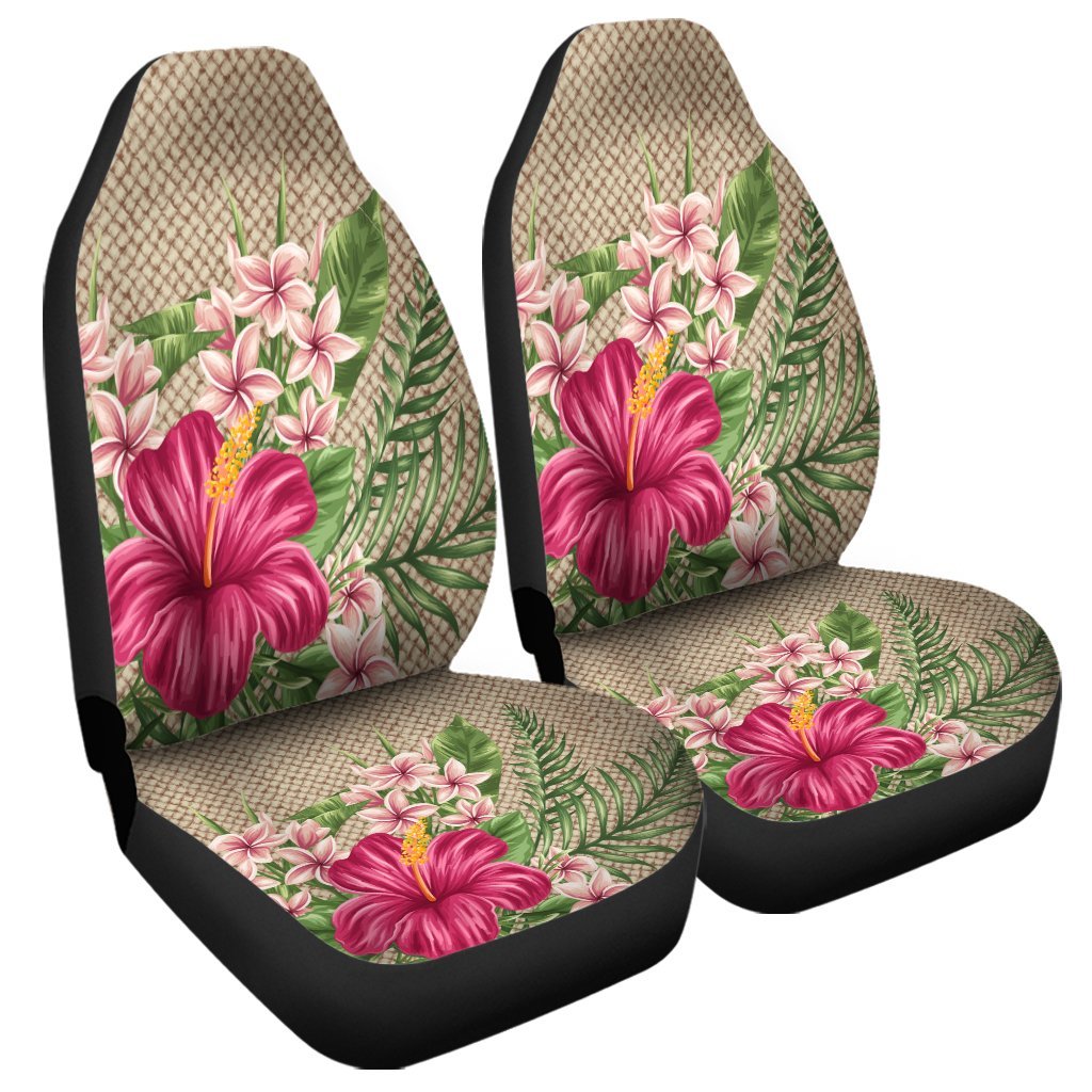 Hawaiian Hibiscus Plumeria Palm Leaves Lauhala Background Polynesian Car Seat Covers - AH Universal Fit Black - Polynesian Pride