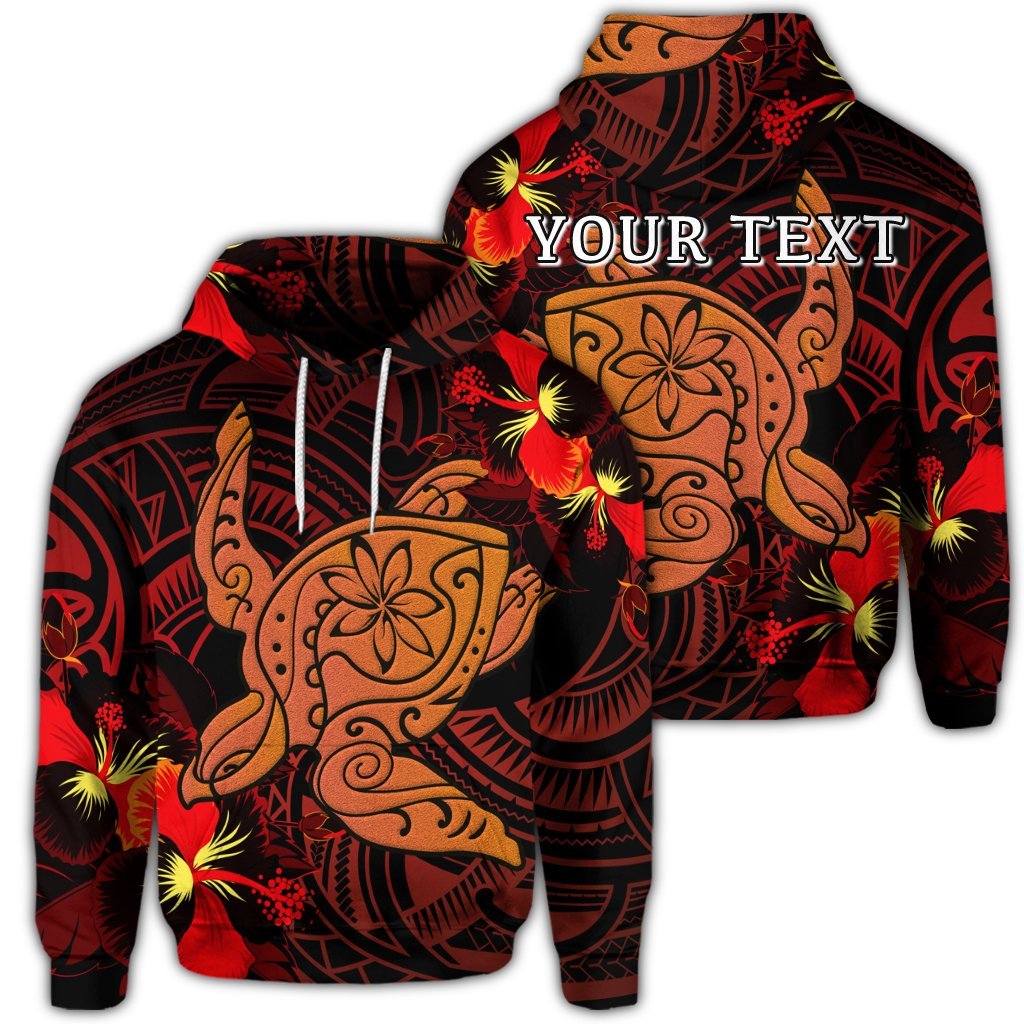 Custom Hawaiian Hibiscus Plumeria Red Big Turtle Polynesian Hoodie Unisex Art - Polynesian Pride