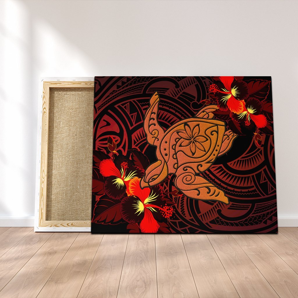 Hawaiian Hibiscus Plumeria Red Big Turtle Polynesian Canvas - AH Canvas Poly-cotton - Polynesian Pride