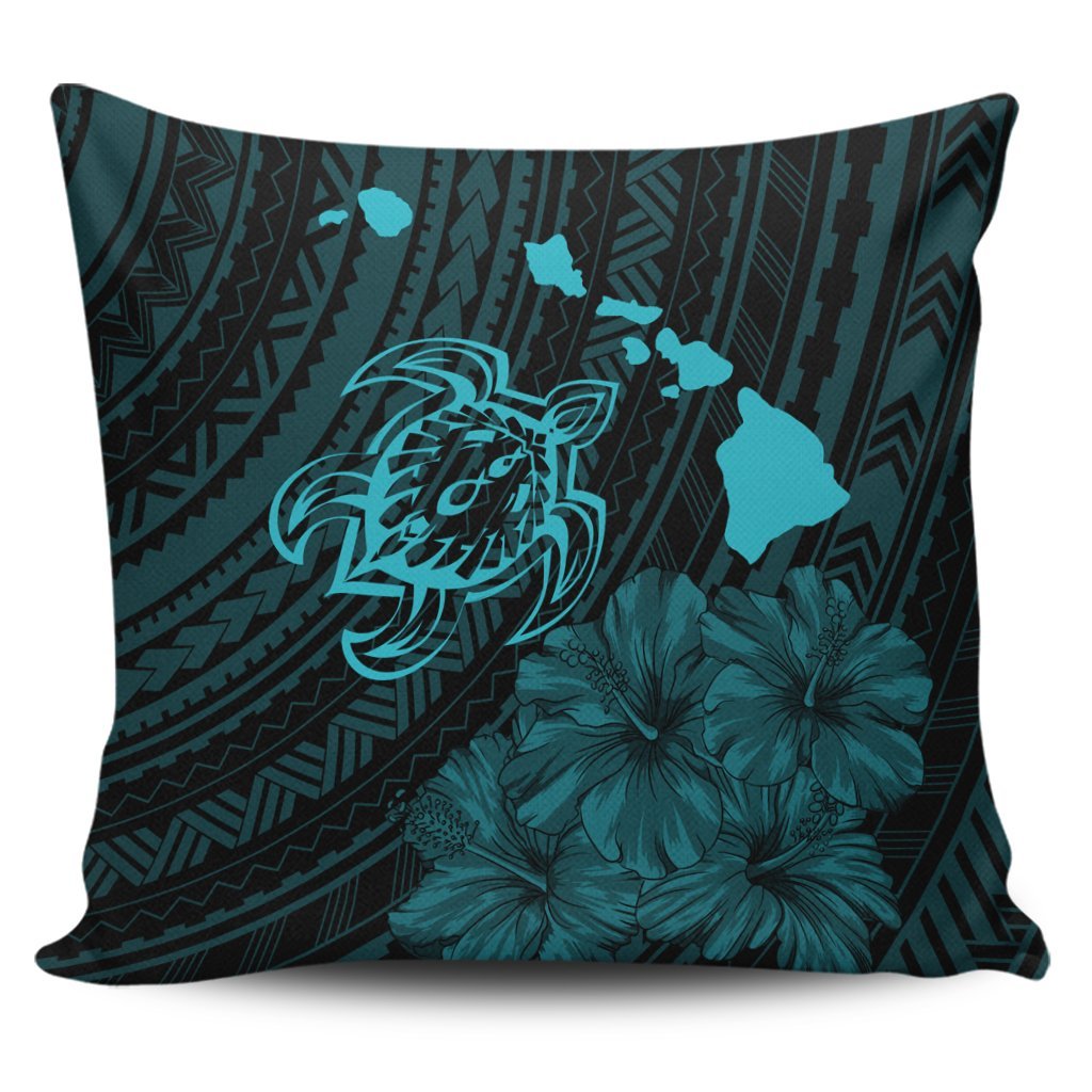 Hawaiian Hibiscus Sea Turtle Swim Polynesian Pillow Covers - Blue - AH Pillow Covers Black - Polynesian Pride