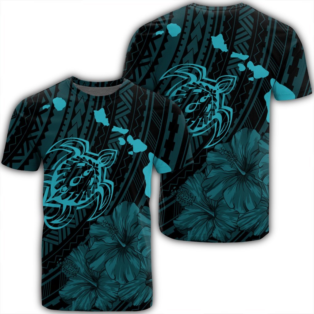 Hawaiian Hibiscus Sea Turtle Swim Polynesian T Shirt Blue Black - Polynesian Pride