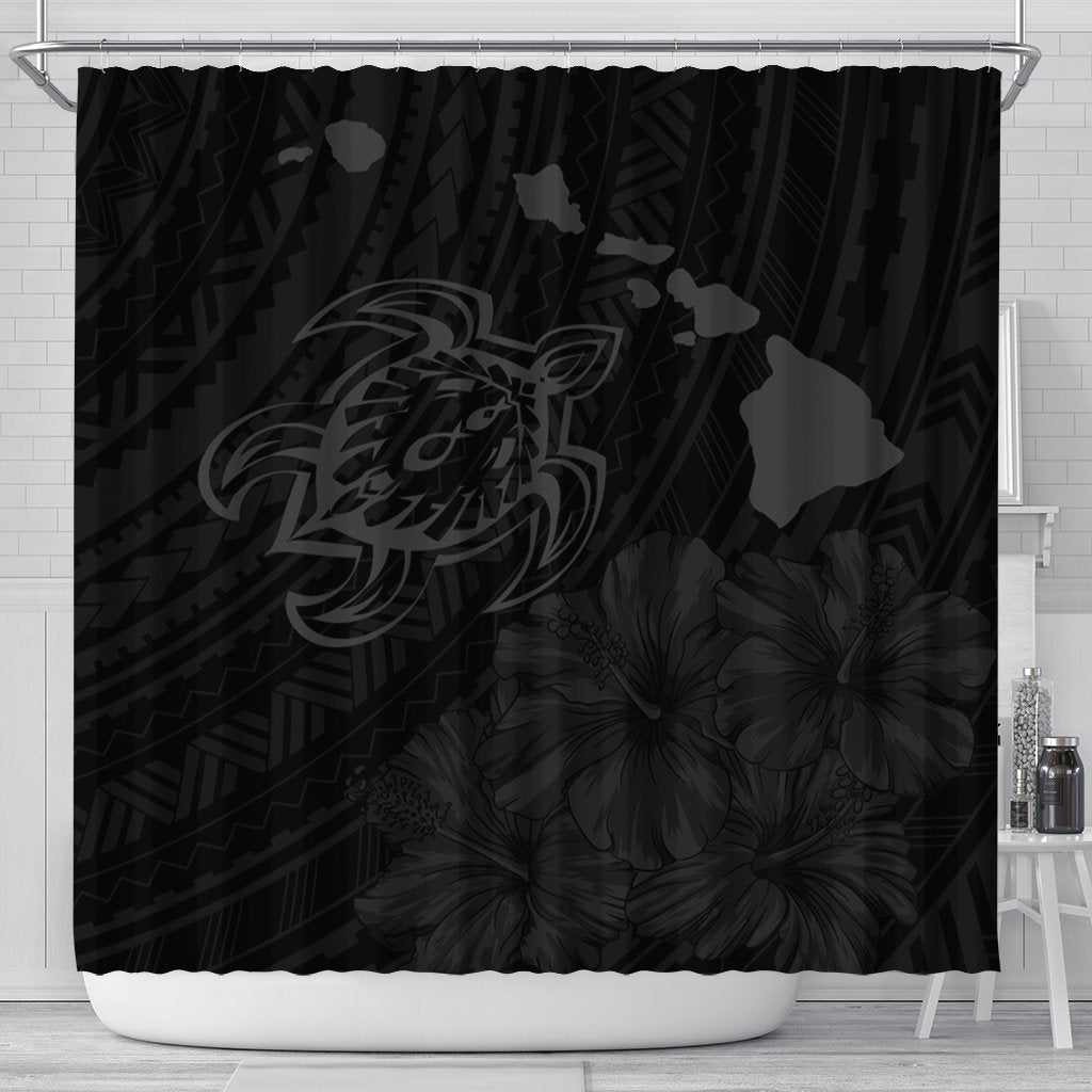 Hawaiian Hibiscus Sea Turtle Swim Polynesian Shower Curtain - Grey - AH 177 x 172 (cm) Black - Polynesian Pride