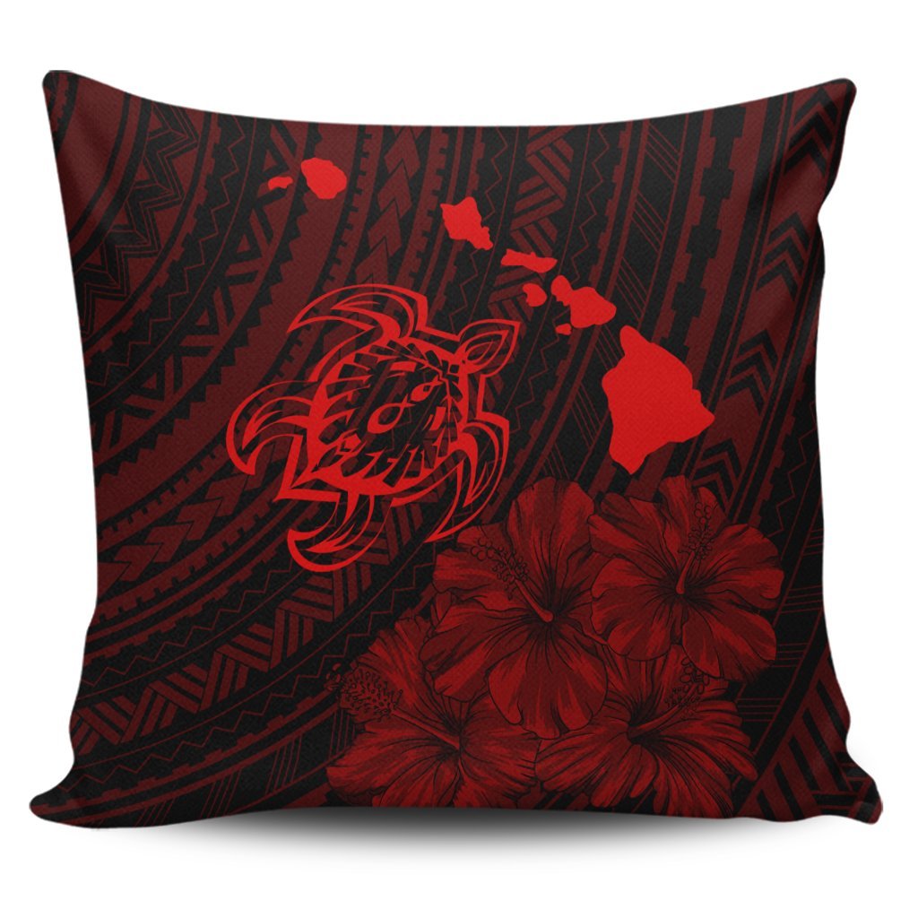 Hawaiian Hibiscus Sea Turtle Swim Polynesian Pillow Covers - Red - AH Pillow Covers Black - Polynesian Pride