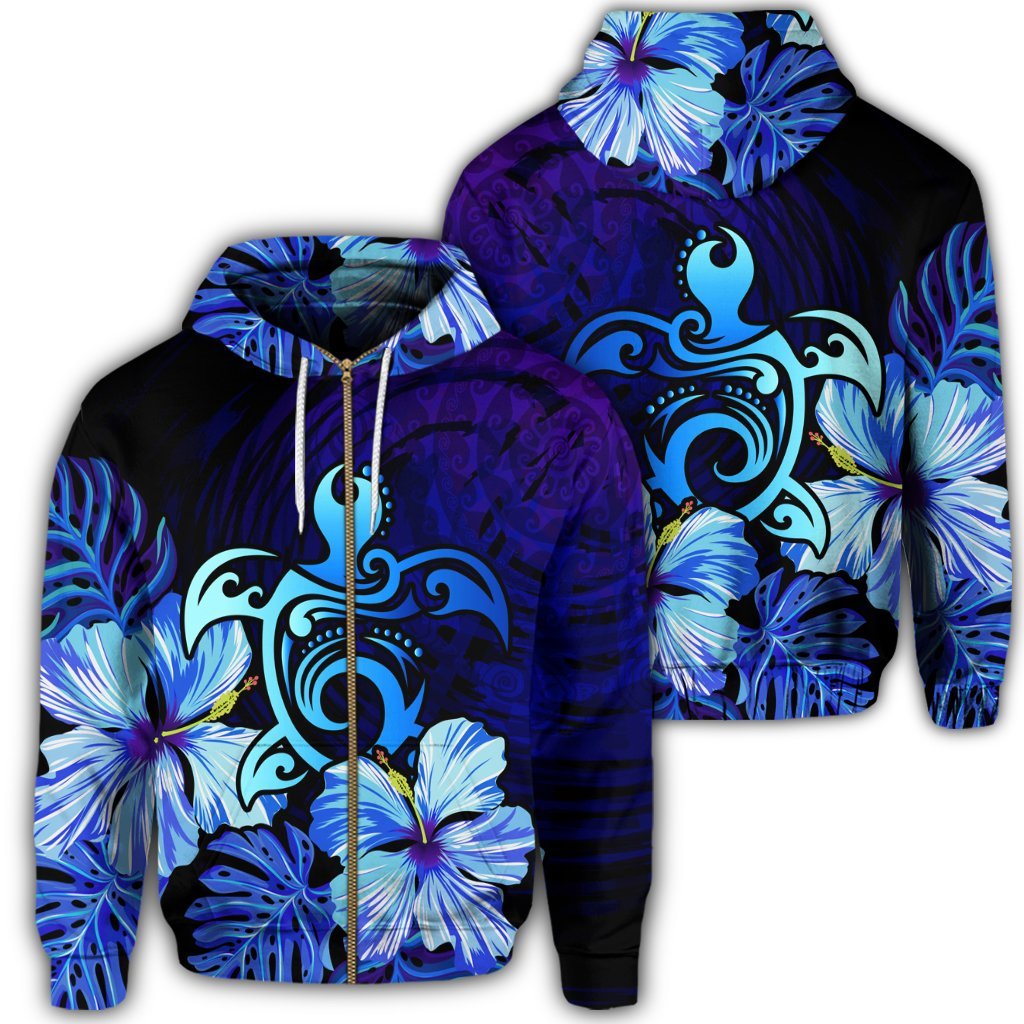 Hawaiian Hibiscus Tropical Deep Ocean Turtle Sea Zip Hoodie Unisex Art - Polynesian Pride