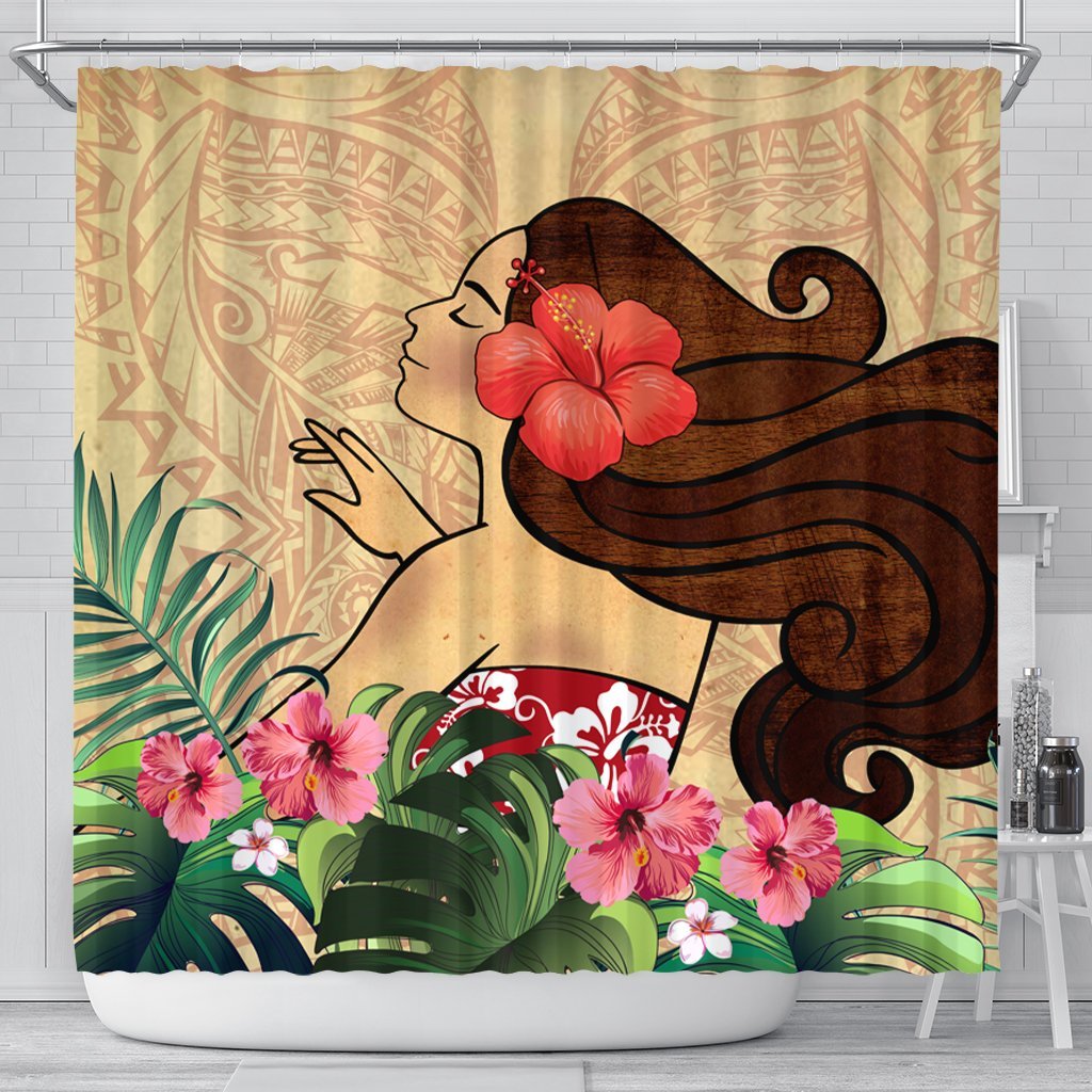 Hawaiian Hula Girl And Hibiscus Polynesian Shower Curtain - AH 177 x 172 (cm) Black - Polynesian Pride