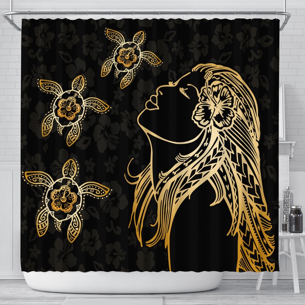 Hawaiian Hula Girl And Turtle Hibiscus Shower Curtain - AH 177 x 172 (cm) Black - Polynesian Pride