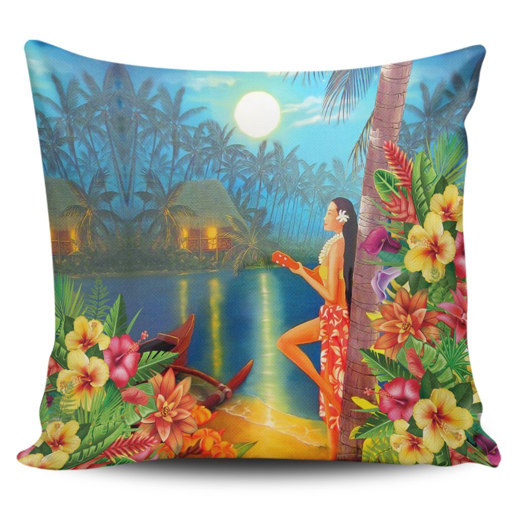 Hawaiian Hula Girl Sing In Aboriginal Village Aat Night Pillow Covers - AH Pillow Covers Black - Polynesian Pride