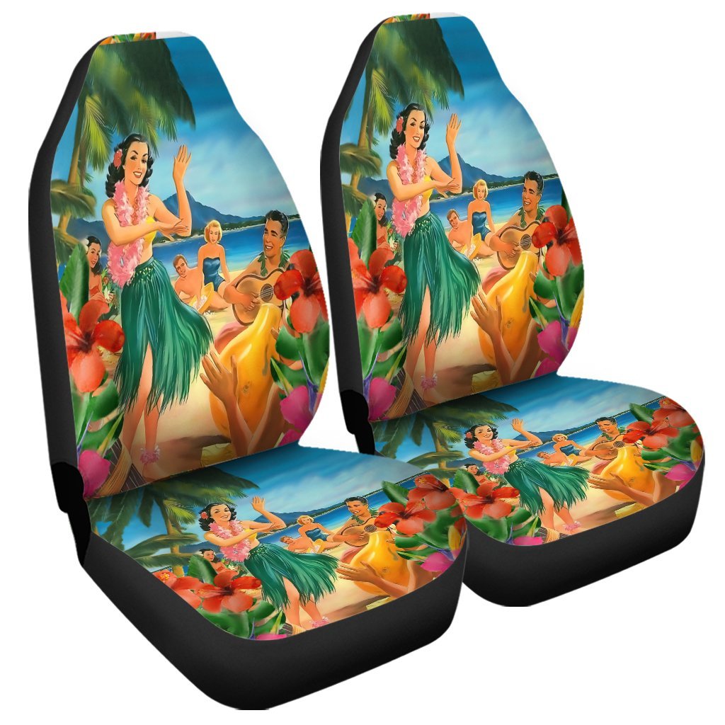 Hawaiian Hula Sing Dance On Beach Car Seat Covers - AH Universal Fit Black - Polynesian Pride