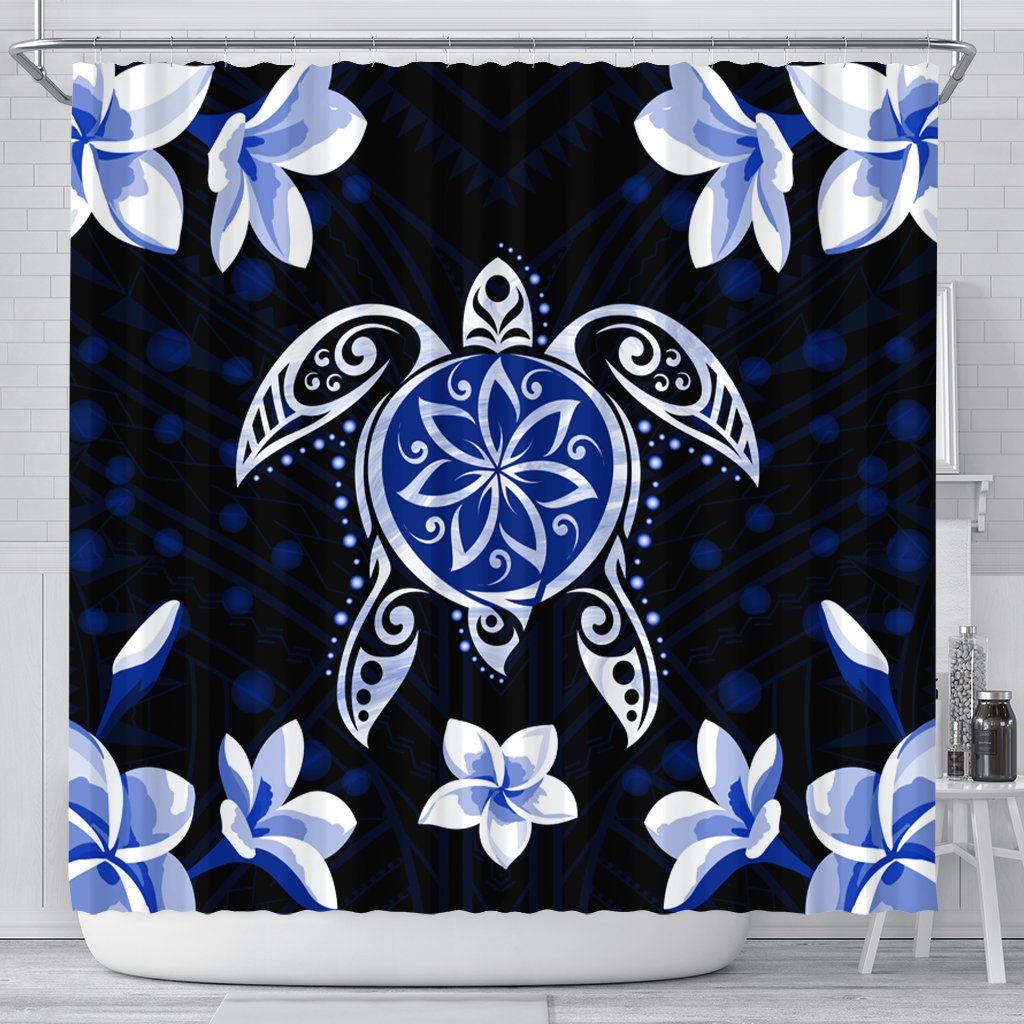 Hawaiian Icon Blue Turtle Plumeria Shower Curtain AH 177 x 172 (cm) Black - Polynesian Pride