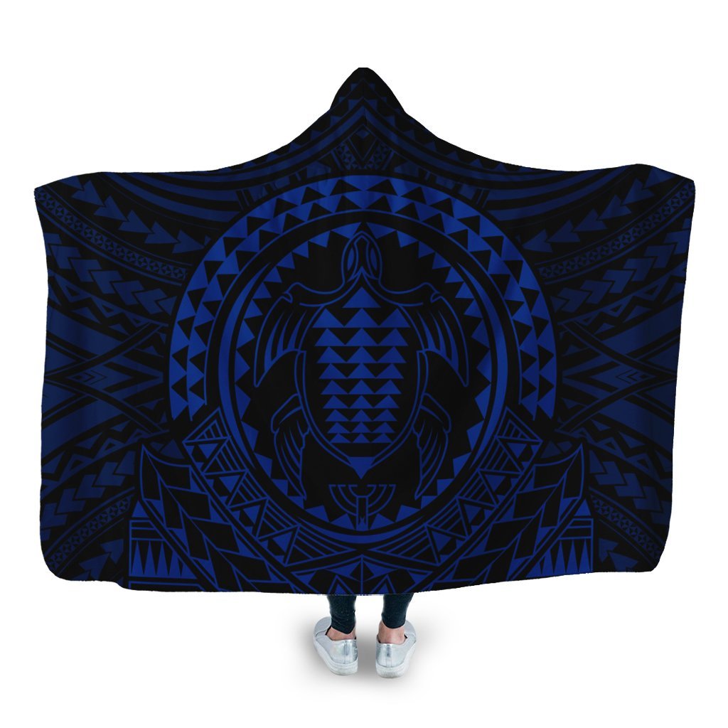 Hawaiian Kakau Honu Arc Polynesian Blue Hooded Blanket - AH Hooded Blanket White - Polynesian Pride