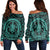 Hawaiian Kakau Honu Arc Polynesian Turquoise Women's Off Shoulder Sweater - AH Black - Polynesian Pride