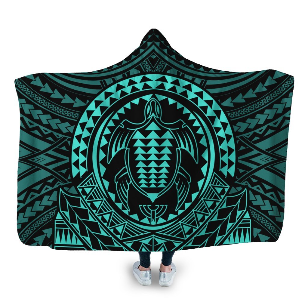 Hawaiian Kakau Honu Arc Polynesian Turquoise Hooded Blanket - AH Hooded Blanket White - Polynesian Pride