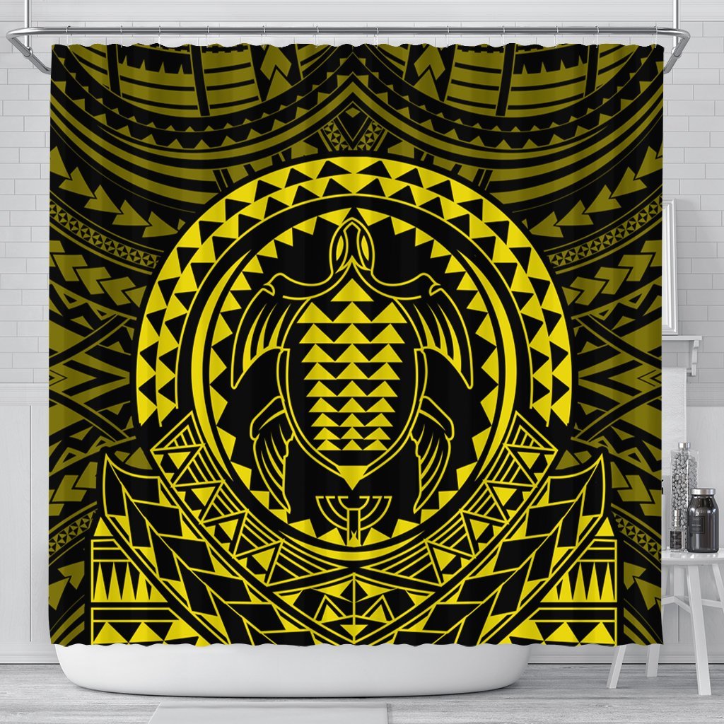 Hawaiian Kakau Honu Arc Polynesian Yellow Shower Curtain - AH 177 x 172 (cm) Black - Polynesian Pride