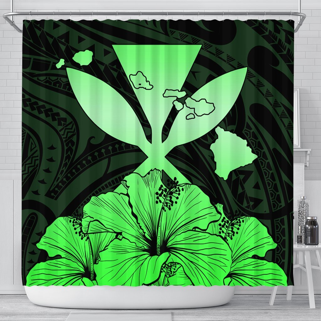 Hawaiian Kanaka Shower Curtain Hibiscus Polynesian Love - Green - AH 177 x 172 (cm) Black - Polynesian Pride