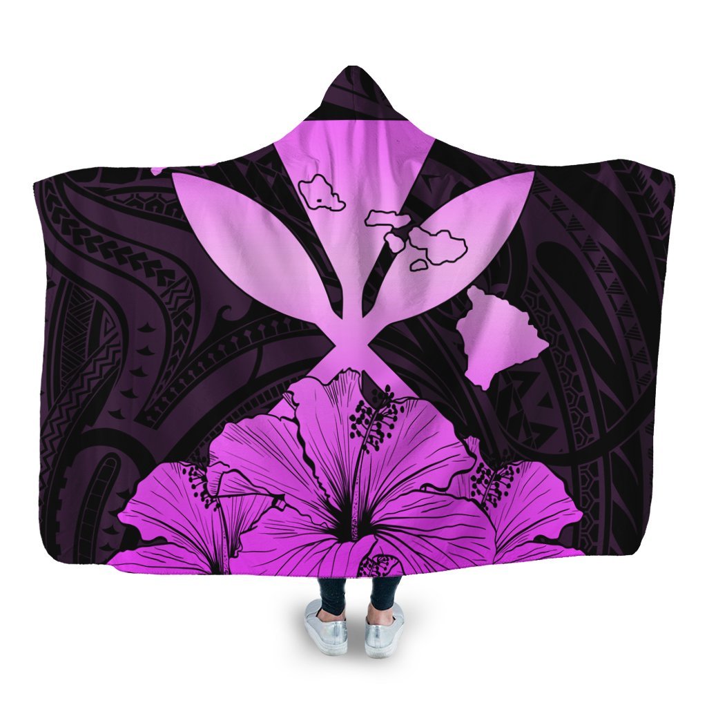 Hawaiian Kanaka Hooded Blanket Hibiscus Polynesian Love - Pink - AH Hooded Blanket White - Polynesian Pride