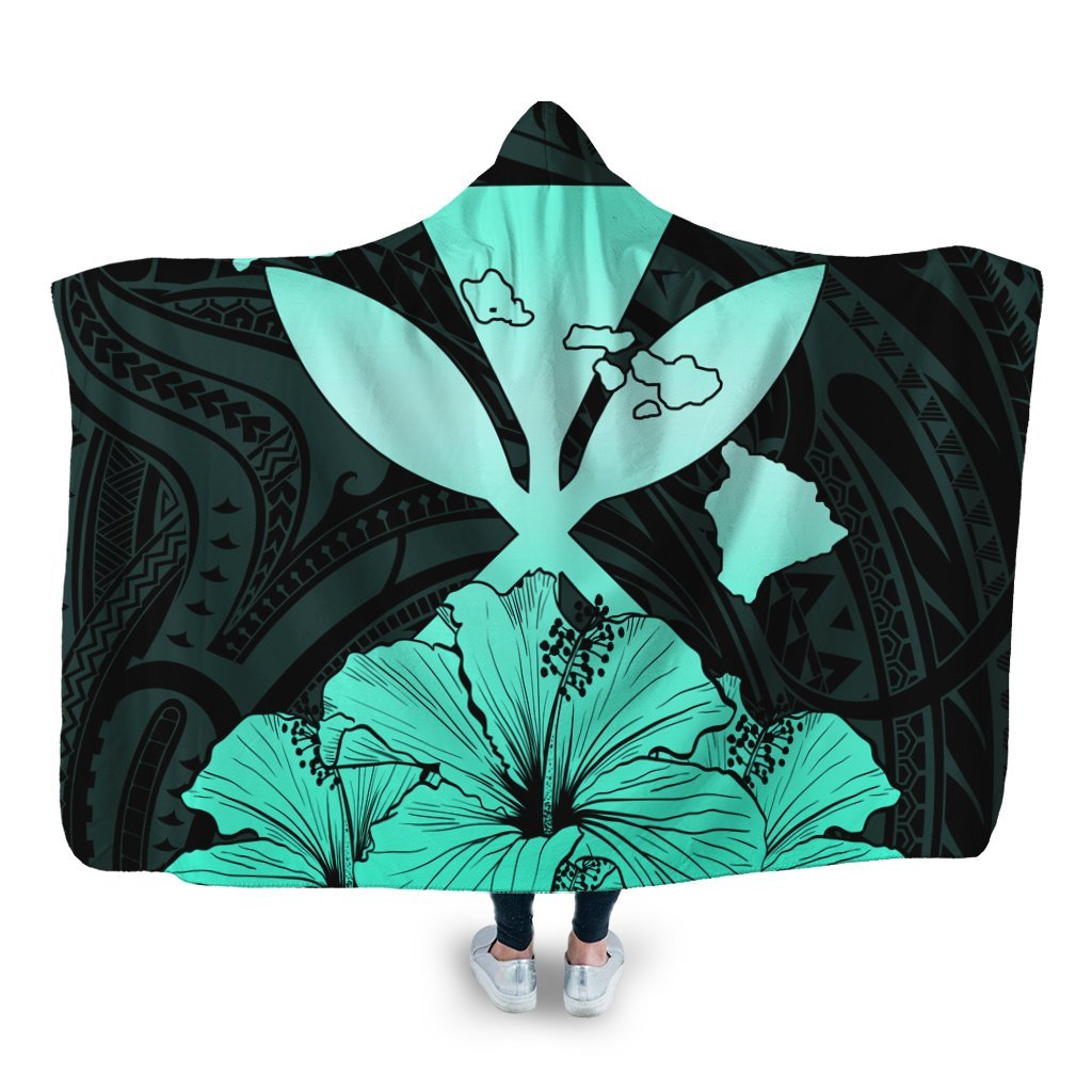 Hawaiian Kanaka Hooded Blanket Hibiscus Polynesian Love - Turquoise - AH Hooded Blanket White - Polynesian Pride