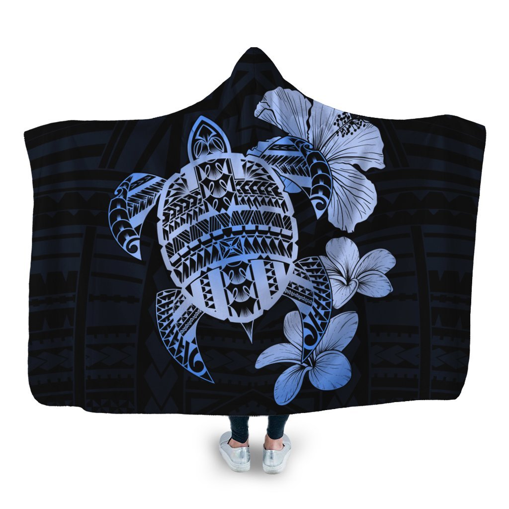 Hawaiian Kanaka Hibiscus Plumeria Mix Polynesian Turtle Hooded Blanket - Blue - AH Hooded Blanket White - Polynesian Pride