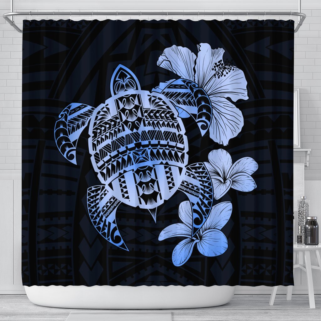 Hawaiian Kanaka Hibiscus Plumeria Mix Polynesian Turtle Shower Curtain - Blue - AH 177 x 172 (cm) Black - Polynesian Pride