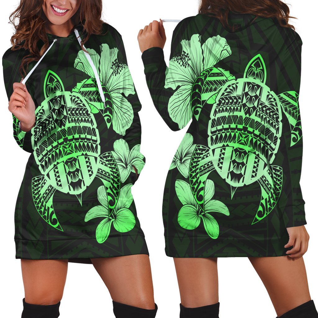 Hawaiian Kanaka Hibiscus Plumeria Mix Polynesian Turtle Hoodie Dress - Green - AH Black - Polynesian Pride