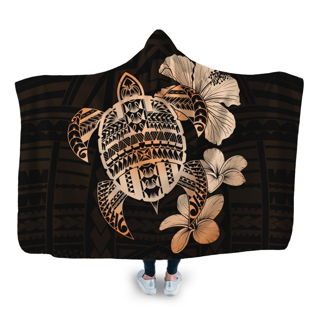 Hawaiian Kanaka Hibiscus Plumeria Mix Polynesian Turtle Hooded Blanket - Orange - AH Hooded Blanket White - Polynesian Pride