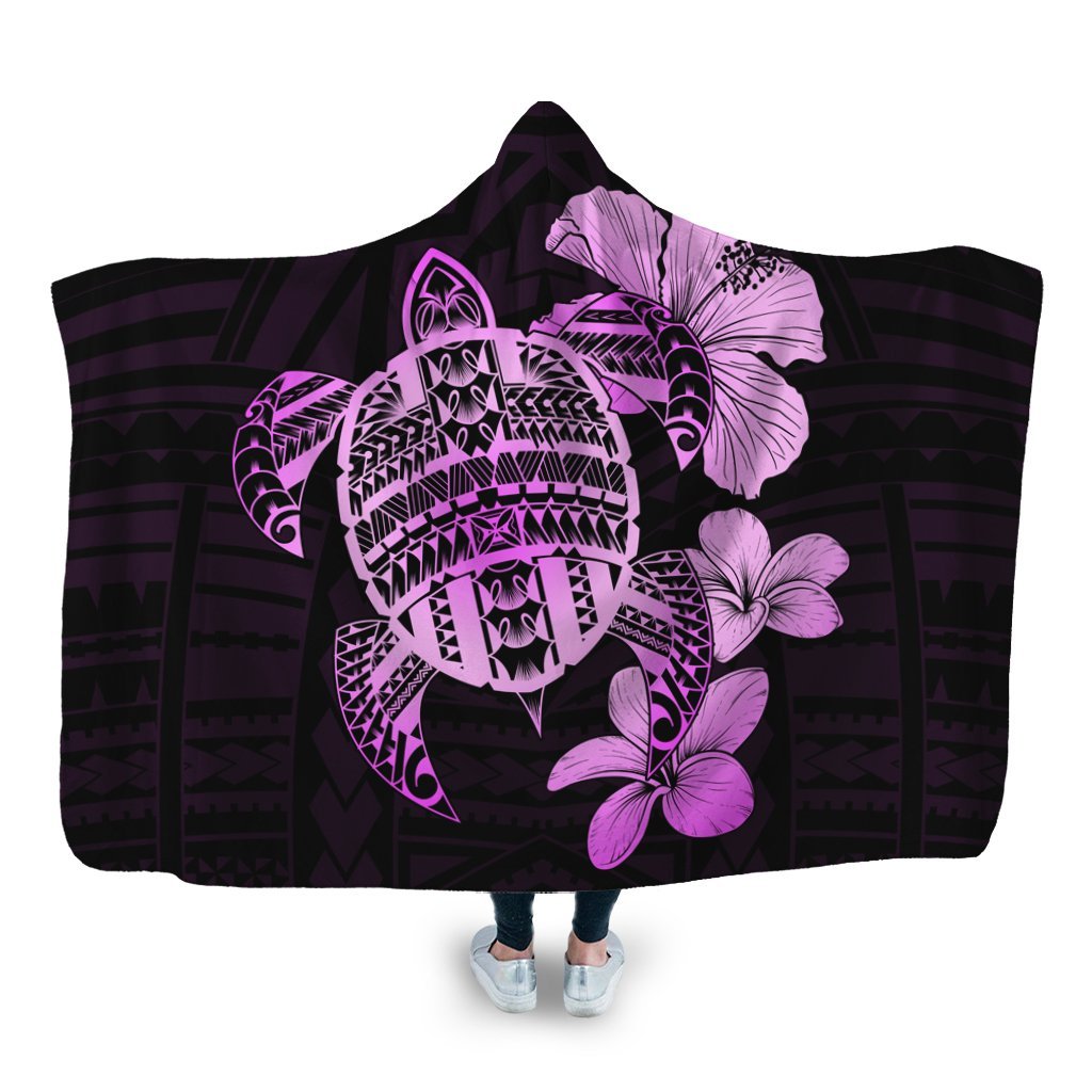 Hawaiian Kanaka Hibiscus Plumeria Mix Polynesian Turtle Hooded Blanket - Pink - AH Hooded Blanket White - Polynesian Pride