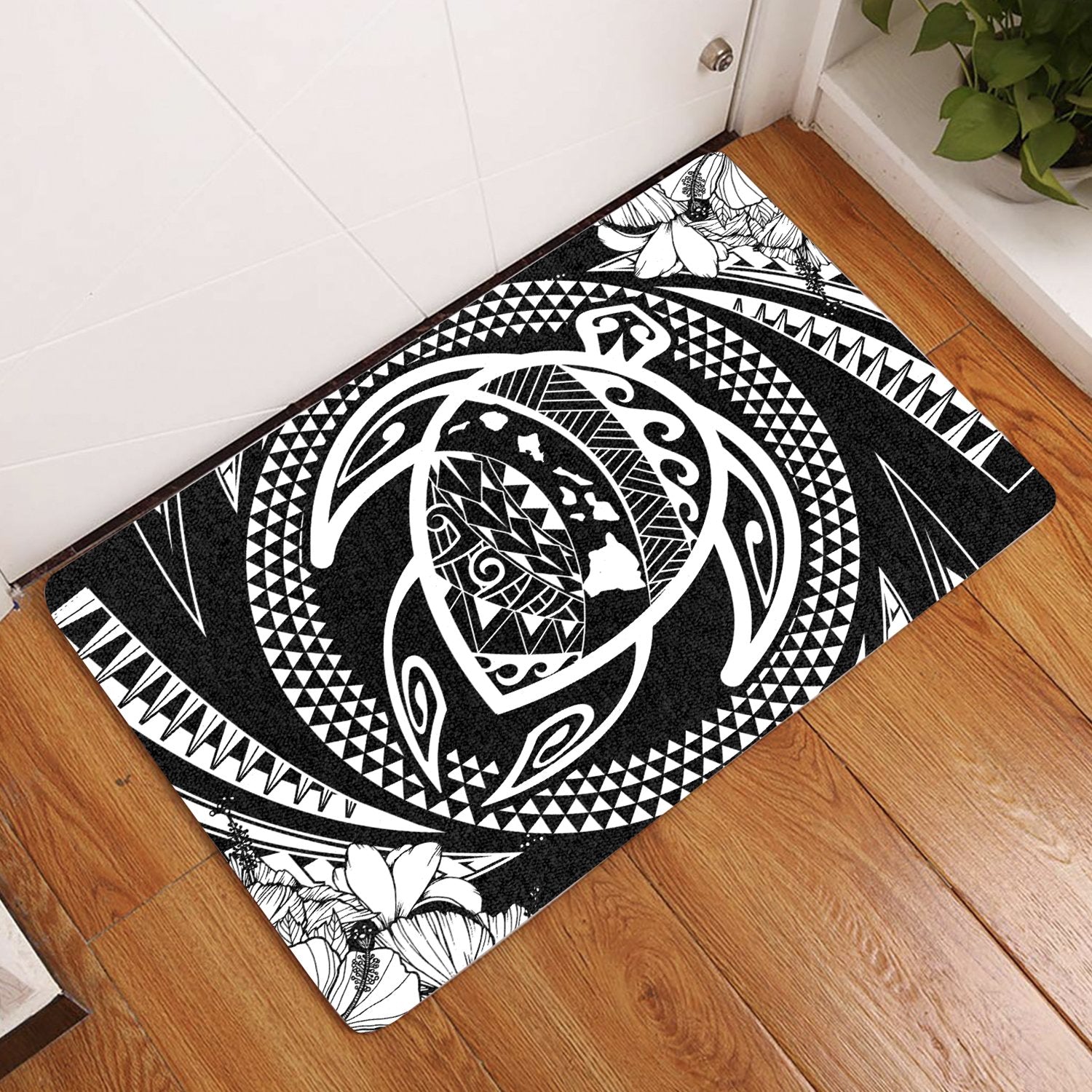 Hawaiian Kanaka Honu Hibiscus Tornado Polynesian Door Mat White AH Door Mat White - Polynesian Pride