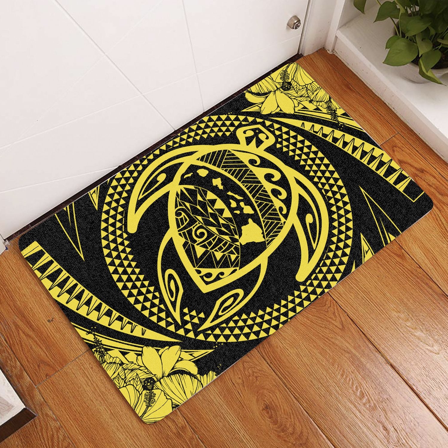 Hawaiian Kanaka Honu Hibiscus Tornado Polynesian Door Mat Yellow AH Door Mat Yellow - Polynesian Pride