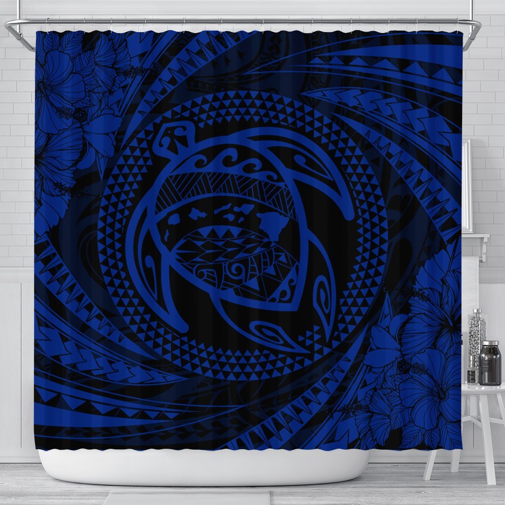 Hawaiian Kanaka Honu Hibiscus Tornando Polynesian Blue Shower Curtain - AH 177 x 172 (cm) Black - Polynesian Pride