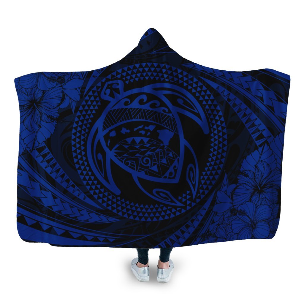 Hawaiian Kanaka Honu Hibiscus Tornando Polynesian Blue Hooded Blanket - AH Hooded Blanket White - Polynesian Pride