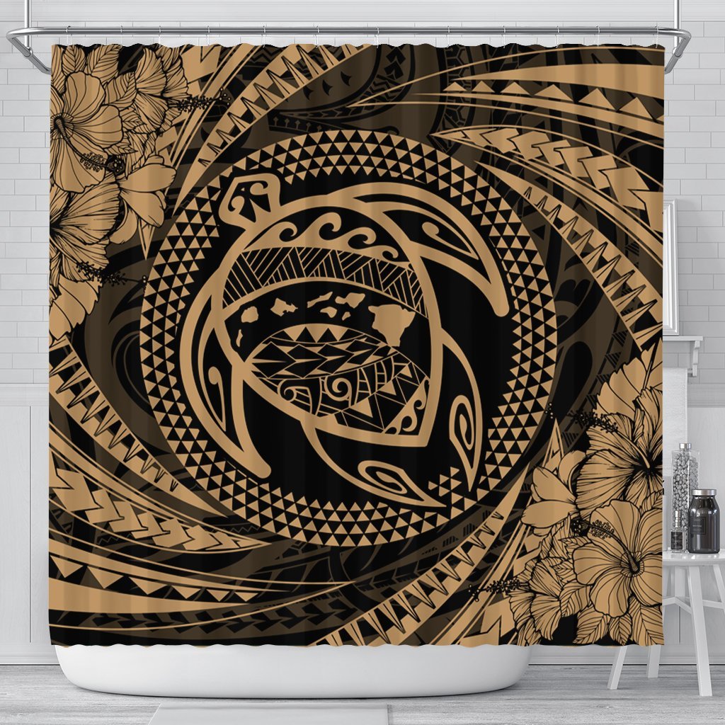 Hawaiian Kanaka Honu Hibiscus Tornando Polynesian Gold Shower Curtain - AH 177 x 172 (cm) Black - Polynesian Pride