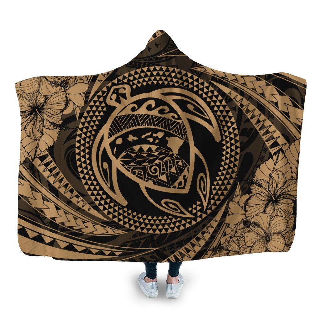 Hawaiian Kanaka Honu Hibiscus Tornando Polynesian Gold Hooded Blanket - AH Hooded Blanket White - Polynesian Pride