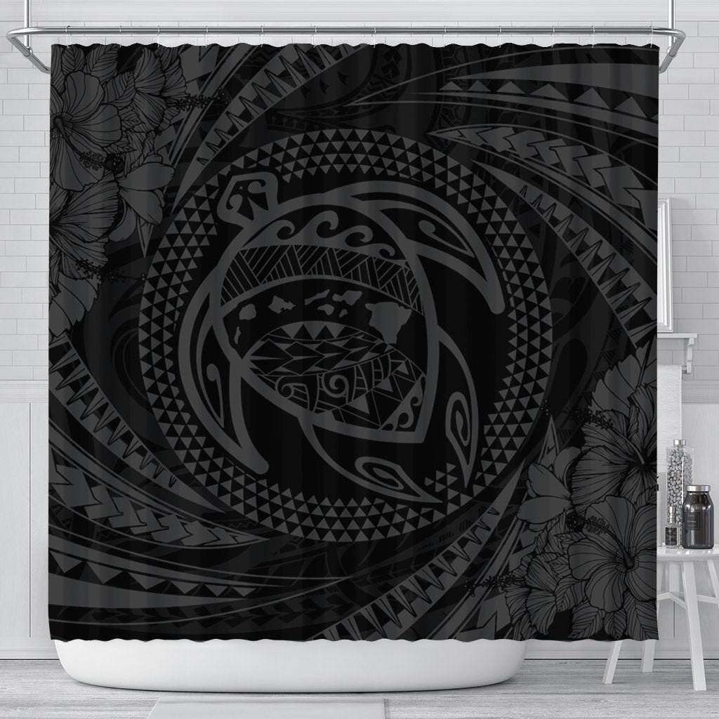 Hawaiian Kanaka Honu Hibiscus Tornando Polynesian Gray Shower Curtain - AH 177 x 172 (cm) Black - Polynesian Pride