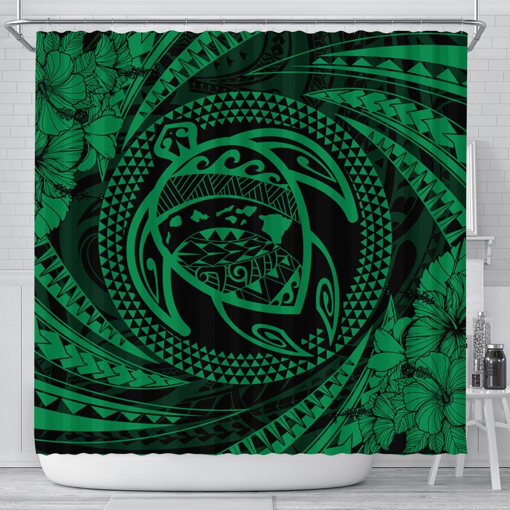 Hawaiian Kanaka Honu Hibiscus Tornando Polynesian Green Shower Curtain - AH 177 x 172 (cm) Black - Polynesian Pride