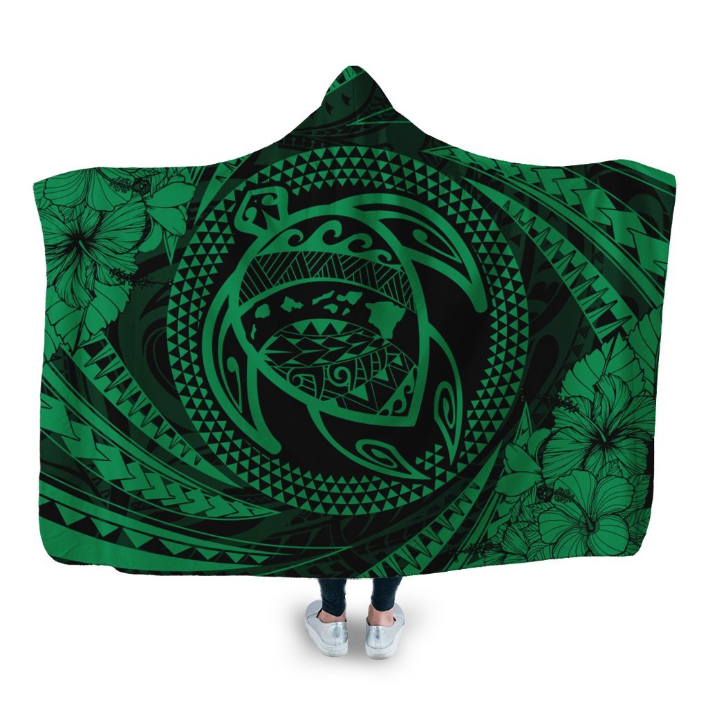 Hawaiian Kanaka Honu Hibiscus Tornando Polynesian Green Hooded Blanket - AH Hooded Blanket White - Polynesian Pride