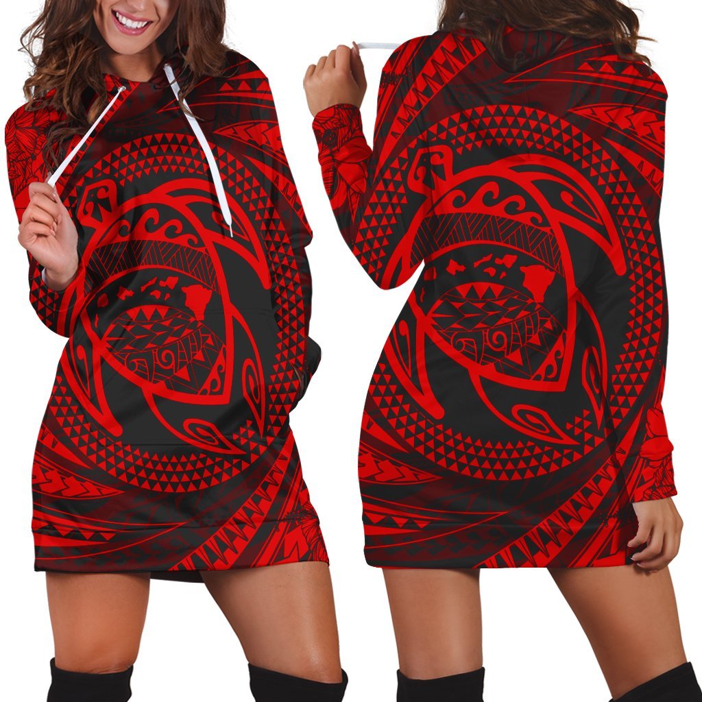 Hawaiian Kanaka Honu Hibiscus Tornando Polynesian Red Hoodie Dress - AH Black - Polynesian Pride