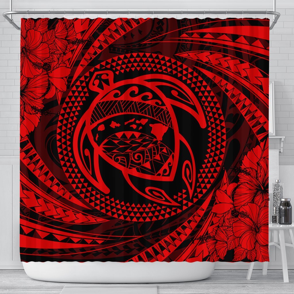 Hawaiian Kanaka Honu Hibiscus Tornando Polynesian Red Shower Curtain - AH 177 x 172 (cm) Black - Polynesian Pride