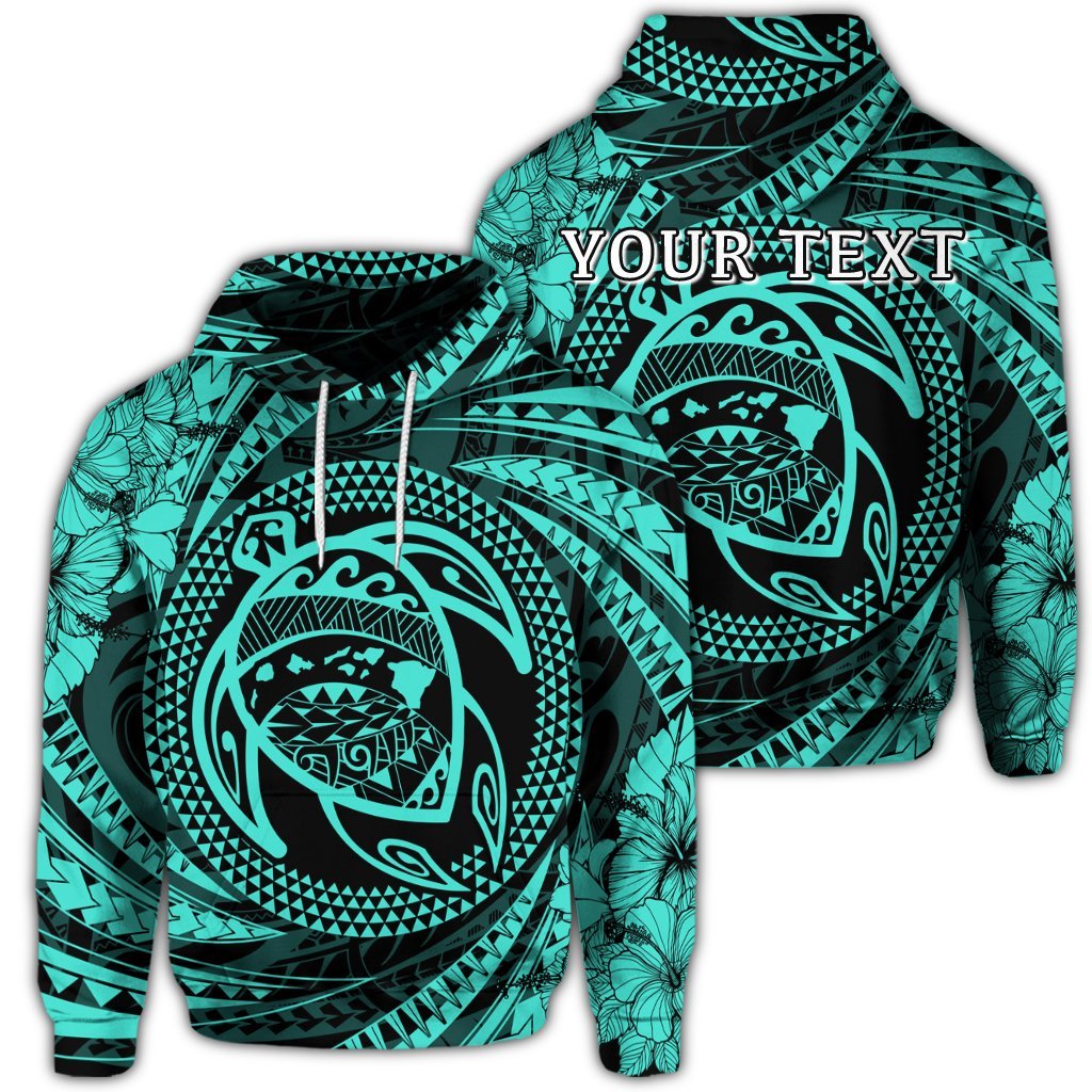 Custom Hawaiian Kanaka Honu Hibiscus Tornando Polynesian Turquoise Hoodie Unisex Art - Polynesian Pride