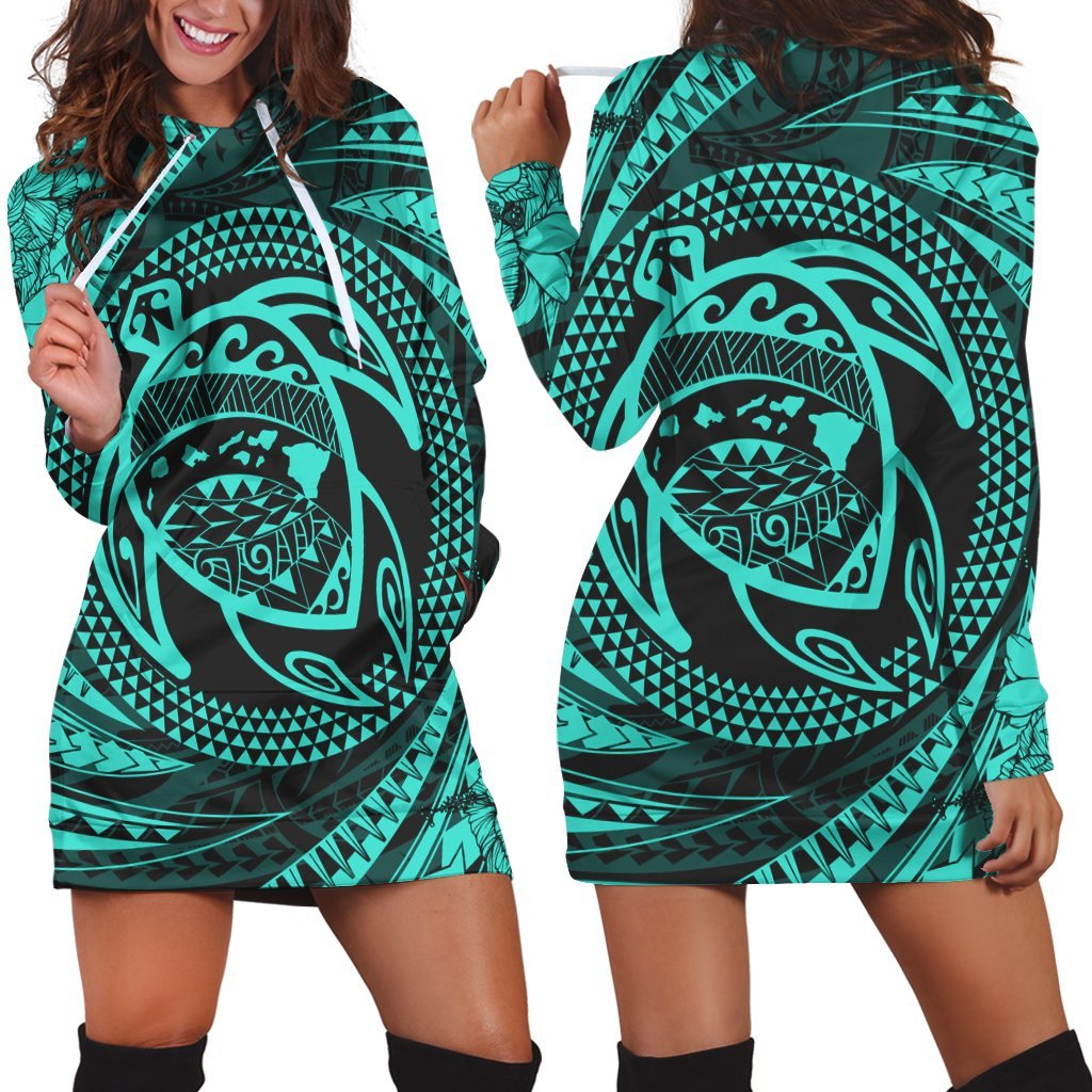 Hawaiian Kanaka Honu Hibiscus Tornando Polynesian Turquoise Hoodie Dress - AH Black - Polynesian Pride