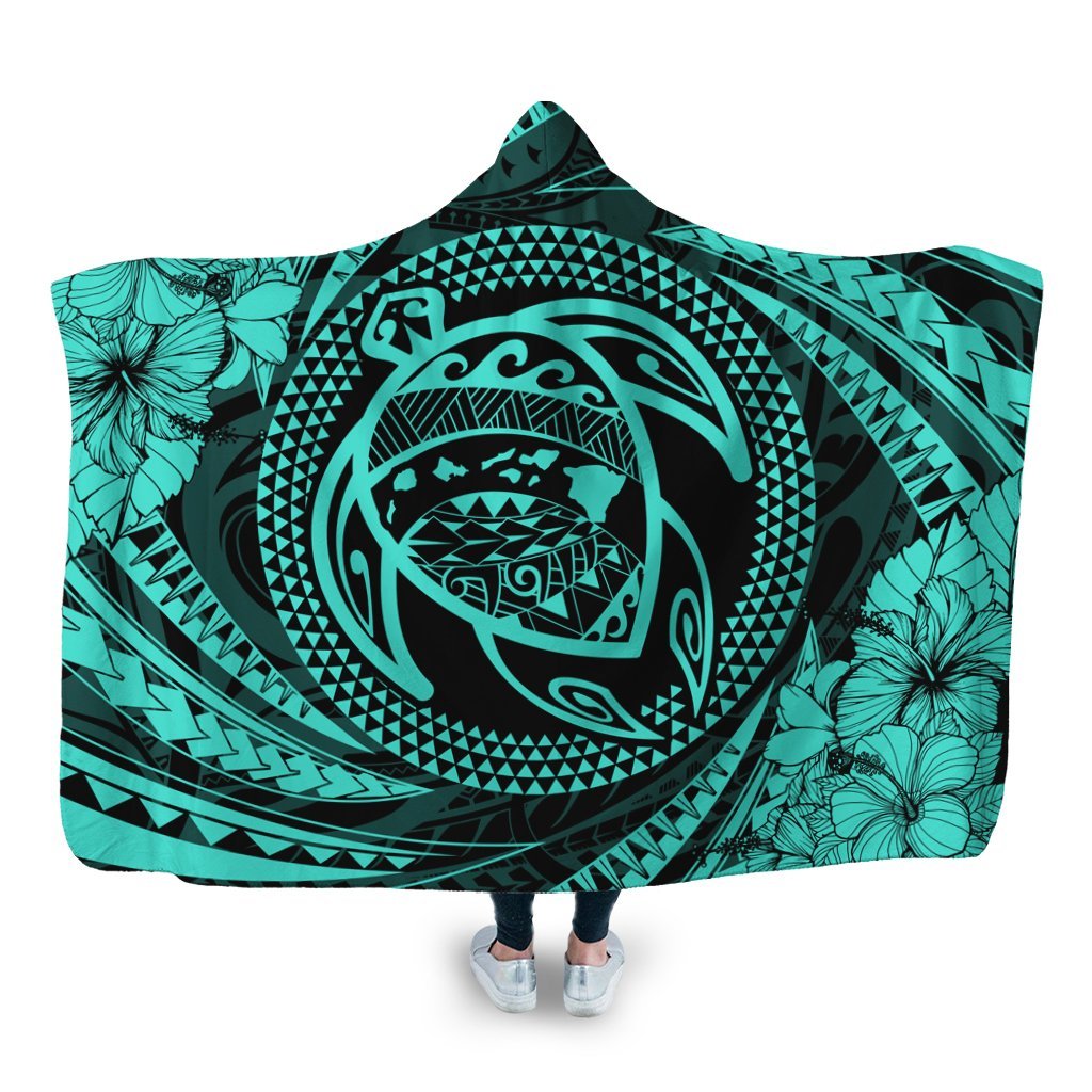 Hawaiian Kanaka Honu Hibiscus Tornando Polynesian Turquoise Hooded Blanket - AH Hooded Blanket White - Polynesian Pride