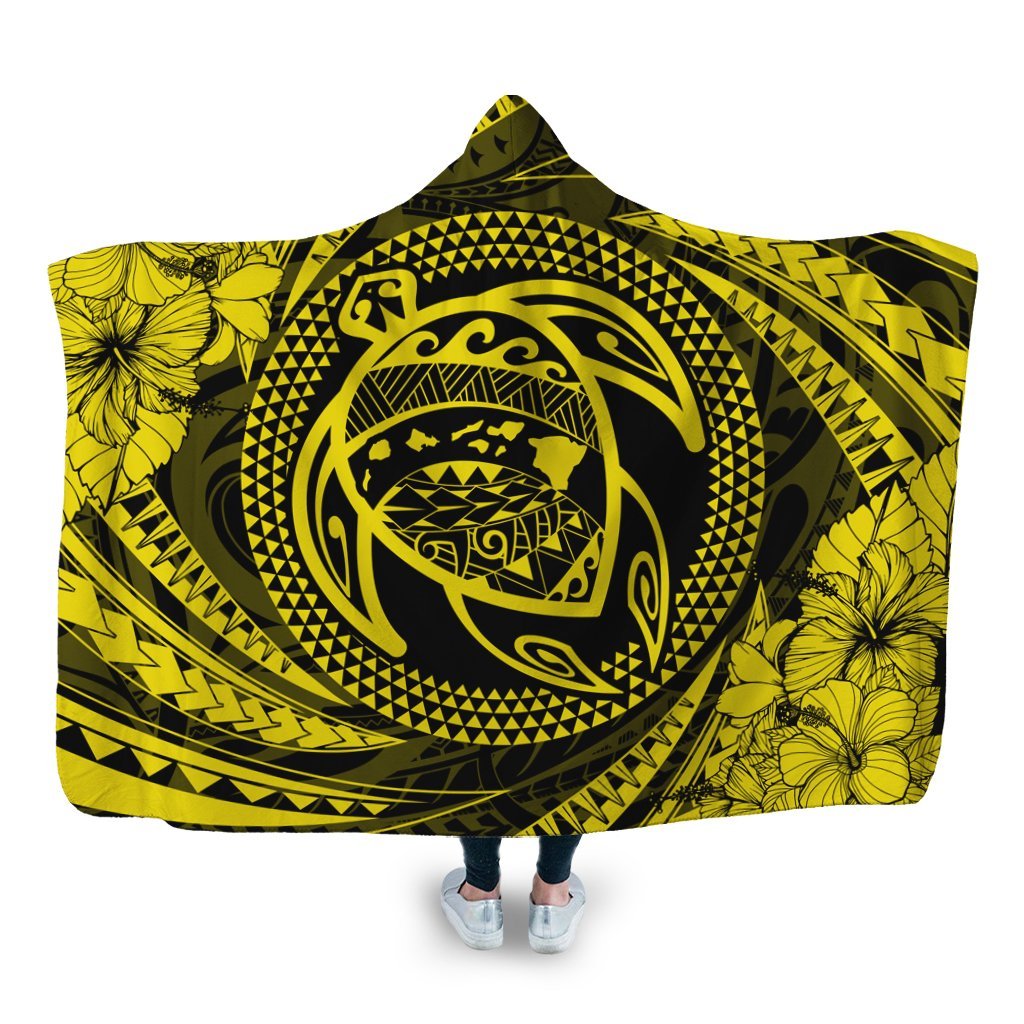 Hawaiian Kanaka Honu Hibiscus Tornando Polynesian Yellow Hooded Blanket - AH Hooded Blanket White - Polynesian Pride