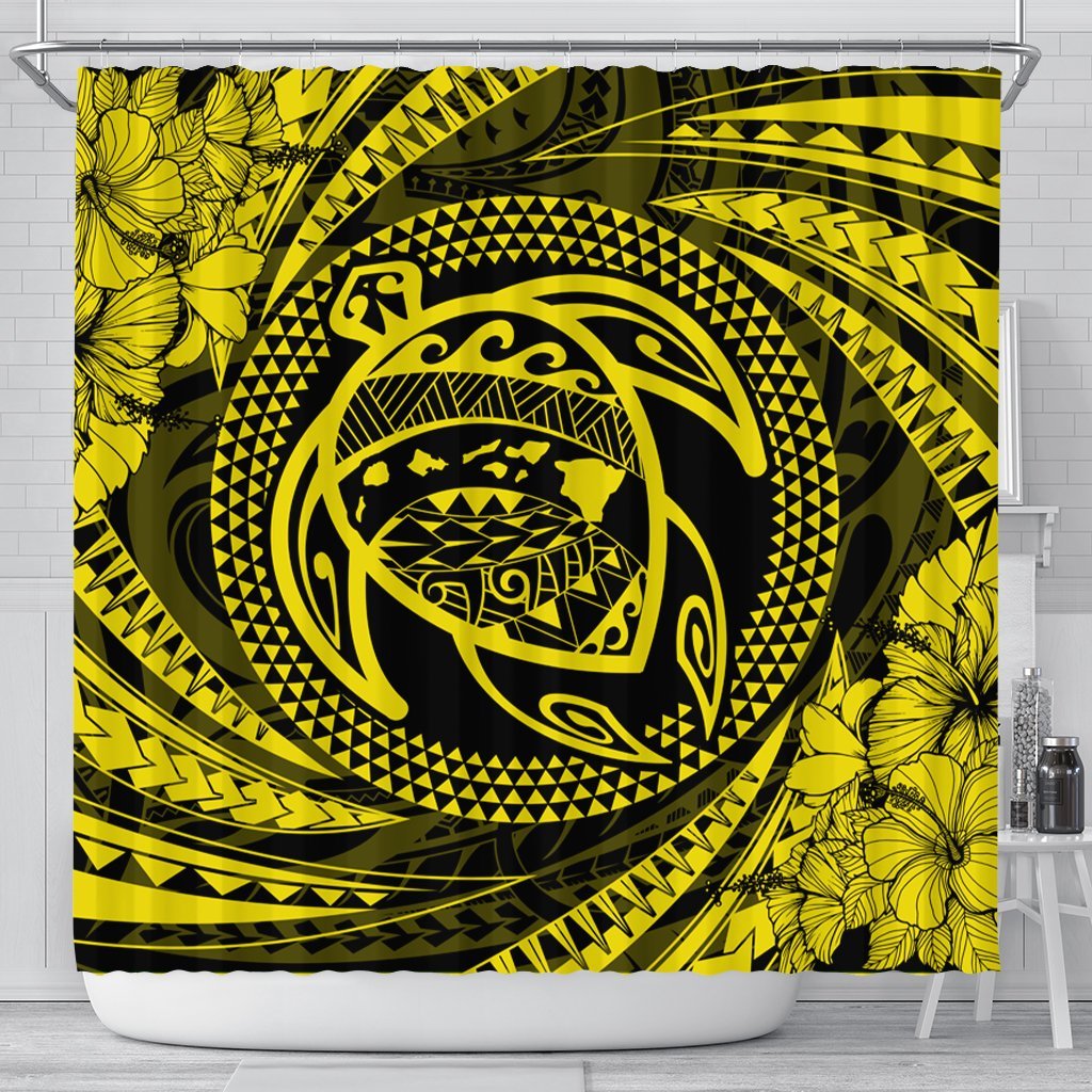 Hawaiian Kanaka Honu Hibiscus Tornando Polynesian Yellow Shower Curtain - AH 177 x 172 (cm) Black - Polynesian Pride