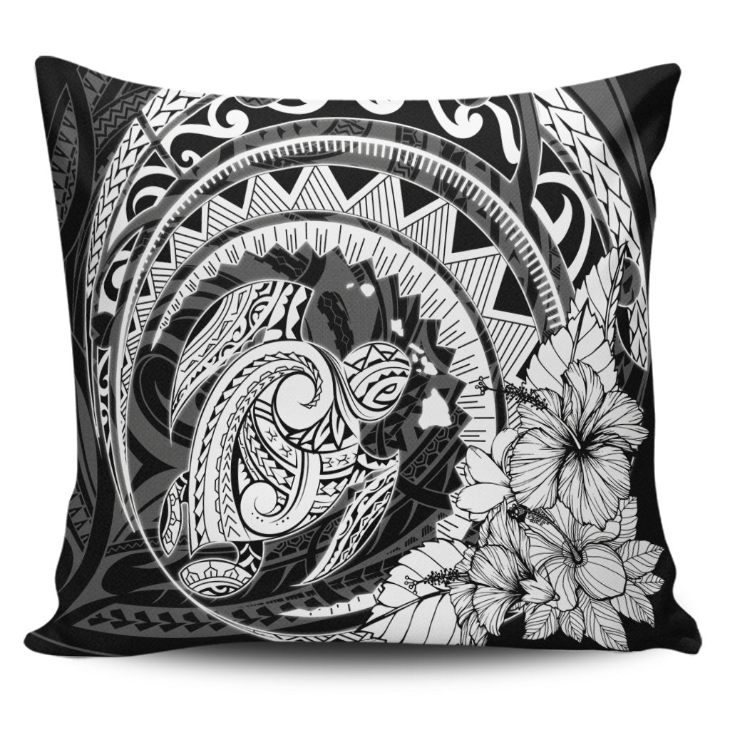 Hawaiian Kanaka Honu Map Hibiscus Globular Polynesian Pillow Covers - AH Pillow Covers Black - Polynesian Pride