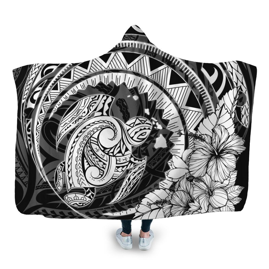 Hawaiian Kanaka Honu Map Hibiscus Globular Polynesian Hooded Blanket - AH Hooded Blanket White - Polynesian Pride