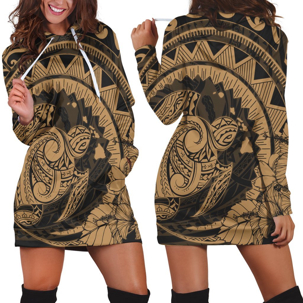 Hawaiian Kanaka Honu Map Hibiscus Globular Polynesian Gold Hoodie Dress - AH Black - Polynesian Pride