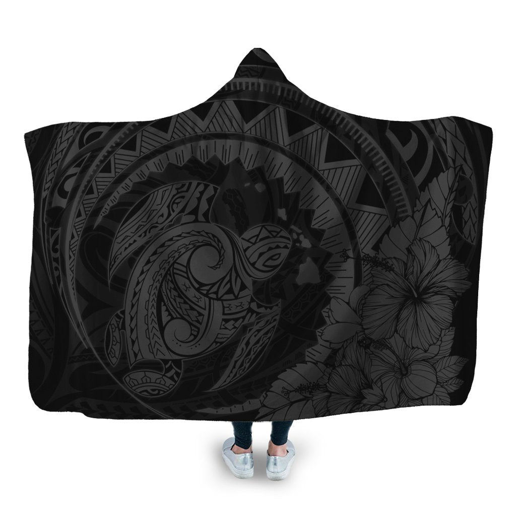 Hawaiian Kanaka Honu Map Hibiscus Globular Polynesian Gray Hooded Blanket - AH Hooded Blanket White - Polynesian Pride