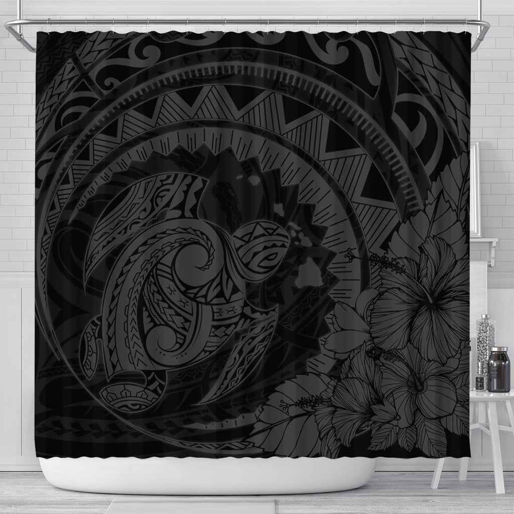 Hawaiian Kanaka Honu Map Hibiscus Globular Polynesian Gray Shower Curtain - AH 177 x 172 (cm) Black - Polynesian Pride