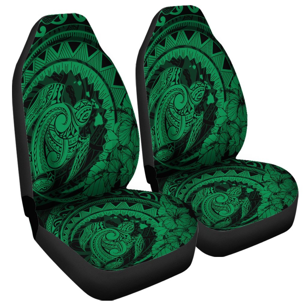 Hawaiian Kanaka Honu Map Hibiscus Globular Polynesian Green Car Seat Covers - AH Universal Fit Black - Polynesian Pride