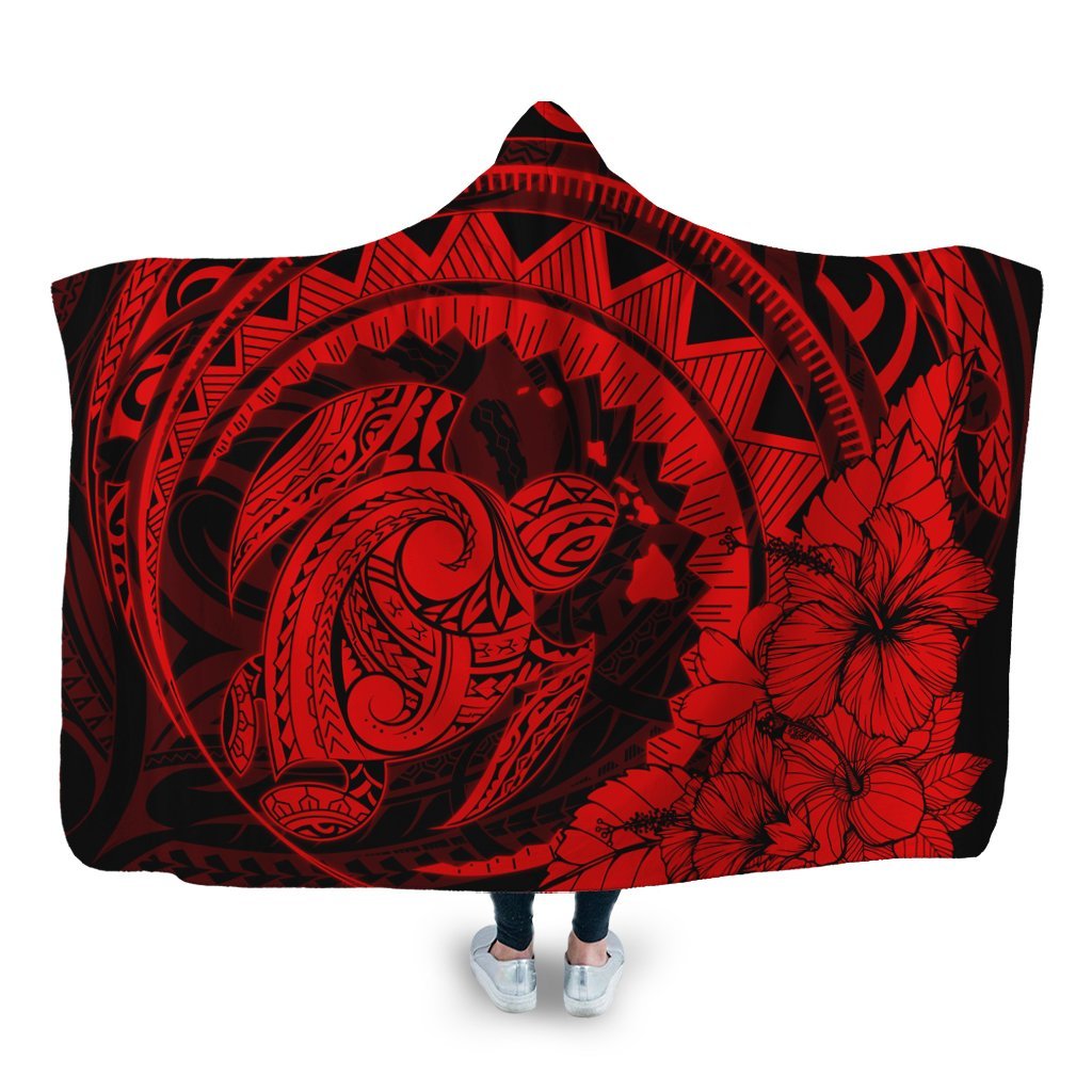 Hawaiian Kanaka Honu Map Hibiscus Globular Polynesian Red Hooded Blanket - AH Hooded Blanket White - Polynesian Pride